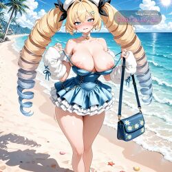 1girl ai_assisted ai_generated anime_screencap bare_shoulders bashful beach bikini blonde_hair blue_eyes blue_hair blue_sky blush blushing collarbone colorful contrast curvaceous curvy daytime detailed_face dramatic_lighting eyelashes full_breasts highly_detailed hourglass_figure large_breasts long_hair looking_at_viewer loose_bikini motion_lines multicolored_hair naked narrow_waist nikke nipples oversized_breasts parted_lips round_breasts sand sea short_girl shortstack shy soft_breasts soft_thighs spherical_breasts sun thick_thighs top_heavy yoyo