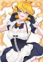 1girl 1girls absurdres ahoge apron black_bow black_dress black_gloves blonde_hair blush bow breasts cleavage collar commentary detached_collar dokibird dress english_commentary fang feather_hair female frilled_dress frills gloves green_eyes hair_ornament heart highres iam_cryo indie_virtual_youtuber looking_at_viewer maid maid_apron medium_breasts open_mouth short_hair skin_fang smile solo tits virtual_youtuber vtuber white_collar white_wrist_cuffs wrist_cuffs x_hair_ornament