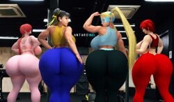 3d 4girls alternate_ass_size alternate_body_type antarxrigel ass ass_bigger_than_head ass_focus athletic athletic_female back back_view big_ass big_breasts blonde_hair blue_eyes breasts breasts_bigger_than_head breasts_out brown_eyes brown_hair bubble_butt capcom child_bearing_hips chun-li convenient_censoring crossover curvaceous curvy curvy_figure dumptruck_ass exercise_clothing exercise_equipment flexing flexing_bicep gigantic_ass gyatt gym gym_clothes hair_bun hair_over_eyes hair_over_one_eye hand_on_hip hi_res hips hips_wider_than_shoulders huge_ass huge_thighs king_of_fighters large_ass large_breasts lifting lifting_weights looking_back mask masked_female massive_ass milkers mirror multiple_girls ponytail rainbow_mika red_hair shermie_(kof) short_hair sideboob snk street_fighter tank_top tank_top_lift thick_thighs thighs twintails vanessa_(kof) voluptuous voluptuous_female wide_hips wide_thighs workout_clothes yoga_pants
