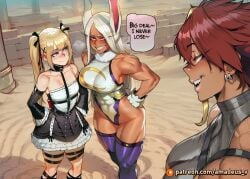 ai_generated amadeus_v black_shorts black_thighhighs blonde_hair blonde_streak blue_eyes blush boku_no_hero_academia colosseum crop_top dark_skin dead_or_alive facing_another floor frilled_dress grin large_breasts long_hair marie_rose marl_barrock mirko multiple_girls muscular_female my_hero_academia open_mouth petite purple_pantyhose rabbit_ears reaction red_eyes red_hair small_breasts smile smirk spiky_hair standing staring stone_pillar tensei_colosseum thick_thighs twintails white_hair white_leotard wide-eyed yellow_eyes