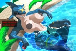 anthro anthrofied big_breasts black_sclera blue_hair blue_skin breasts breasts_out female huge_breasts leaky_emmet pink_nipples pokemon pokemon_(species) red_eyes shark shark_girl sharp_teeth sharpedo top_heavy white_body