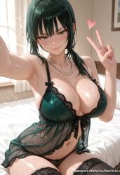 1girl ai_generated armpits babydoll bangs black_hair black_panties black_thighhighs blush breasts cleavage closed_mouth fubuki_(one-punch_man) green_eyes green_hair heart indoors jewelry kermixx large_breasts lingerie looking_at_viewer navel necklace on_bed one-punch_man panties pearl_necklace selfie sitting smile solo sweat thighhighs underwear v