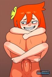 1girl ai_assisted ai_generated anal anal_penetration big_dick carrying freckles hair_flower hair_ornament leg_lock orange_hair sharp_teeth