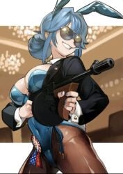 blue_hair bunny_ears bunnysuit clothed clothing glasses gun large_breasts smiling we_love_cold_war