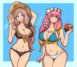 2girls alternate_costume ass_visible_through_thighs bikini black_bikini black_swimsuit blonde_hair blue_bikini blue_eyes blue_swimsuit breasts brown_bikini brown_swimsuit drink female fire_emblem fire_emblem:_three_houses fire_emblem_heroes flower flower_in_hair gunnthra_(fire_emblem) gunnthra_(summer)_(fire_emblem) hat holding holding_drink holding_object huge_breasts large_breasts light_skin long_hair medium_hair mercedes_von_martritz mercedes_von_martritz_(summer) nintendo one_eye_closed open_mouth pink_hair raydango sideboob sun_hat very_long_hair wink winking winking_at_viewer