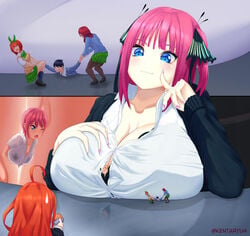 between_breasts big_breasts blue_eyes breast_smother cleavage color finger_to_cheek giantess go-toubun_no_hanayome kentaryu larger_female macro multiple_girls nakano_ichika nakano_itsuki nakano_miku nakano_nino nakano_yotsuba painted_nails self_fondle size_difference smaller_female smaller_male smirk uesugi_fuutarou