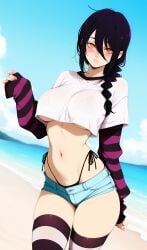 ai_generated beach big_breasts black_hair chainsaw_man crop_top large_breasts lxlbanner mature_female nayuta_(chainsaw_man) standing yellow_eyes