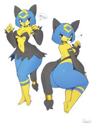 anthro big_butt biped blue_body blue_hair breasts butt curvy_figure dialogue eyelashes feet felid feline female fullmontis hair hi_res looking_at_viewer looking_back mammal multicolored_body navel pal_(species) palworld pocketpair pupils sekhmet_(pal) simple_background soles speech_bubble text thick_thighs voluptuous wide_hips yellow_body