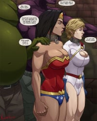 black_hair blonde_hair blue_eyes boob_window collar dc_comics defeated_heroine huge_breasts kataaoyoc overweight_male power_girl sex_slave text wonder_woman wonder_woman_(series)