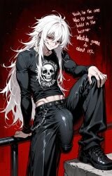 ai_generated bangs black_clothes bulge_through_clothing chains character_request concrete_block ear_ring goth guard_rail long_hair long_sleeves massive_bulge original_character penis_bulge red_eyes speaking_to_viewer talking talking_to_viewer tight_shirt white_hair
