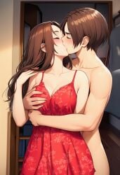 art_of_fighting chemise grabbing_breasts grabbing_tits hugging_from_behind king_of_fighters kiss kissing kissing_while_hugging kyo_kusanagi naked_male naked_man passionate_kiss passionate_kissing red_nightgown romantic romantic_couple romantic_sex see-through_clothes see-through_clothing yuri_sakazaki