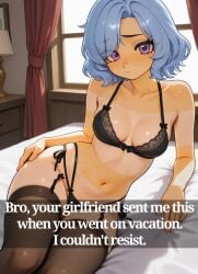 ai_generated bangs_over_one_eye black_bra black_panties black_thigh_highs black_thigh_socks black_thighhighs blue_hair caption captions cheating cheating_female cheating_girlfriend cookiasncream cuck cuck_caption cuckold cuckold_pov cuckolding_images_with_text curly_hair hand_on_hip hotwife humiliation humiliation_fetish ka-eli_xyovka kaybur_(series) la_coroneta_(series) lace lace-trimmed_bra lace-trimmed_panties lingerie lingerie_only lingerie_panties looking_at_viewer nervous nervous_expression nervous_face netorare netorase ntr on_bed purple_eyes short_hair shy shy_expression sitting tan tan_body tanline tanlines tanned_female thigh unfaithful waiting