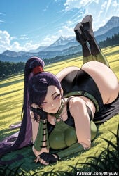 1girl ai_assisted ai_generated artist_name ass bare_shoulders belt black_footwear black_gloves black_hair boots breasts choker cleavage curvaceous curvy curvy_female curvy_figure day dragon_quest female fingerless_gloves gloves high_heel_boots high_heels jade_(dq11) jewelry knee_boots lake large_breasts legs_up leotard lips long_hair looking_at_viewer lying miyuai mountain o-ring on_stomach outdoors ponytail purple_eyes purple_hair sky smile solo swimsuit thick thick_ass thick_butt thick_hips thick_legs thick_thighs thighhighs thighs voluptuous voluptuous_female water watermark web_address wide_hips wide_thighs