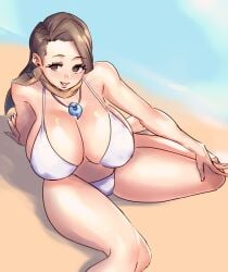 1girl ace_attorney arm_support bare_shoulders beach bikini breasts brown_eyes brown_hair cleavage commentary_request day foot_out_of_frame hand_on_own_knee highres huge_breasts jewelry large_breasts long_hair looking_at_viewer magatama magatama_necklace mia_fey mole mole_under_mouth necklace open_mouth outdoors phoenix_wright:_ace_attorney quanero sand scarf sitting smile solo swimsuit thighs water white_bikini yellow_scarf