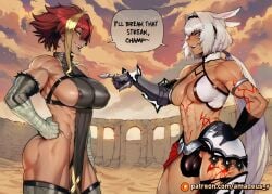 1girl abs ai_generated amadeus_v archway black_shorts blonde_streak caenis_(fate) colosseum confident crop_top dark_skin elbow_gloves facing_another fate/grand_order fate_(series) floor from_side futa_on_female futanari grey_thighhighs grin halterneck large_breasts long_hair looking_at_another marl_barrock muscular_female open_mouth pointing_at_another red_hair sarashi single_gauntlet spiky_hair standing standoff stone_pillar sunset tattoo tensei_colosseum white_hair yellow_eyes
