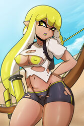 1girls animal_humanoid anthro bow_(weapon) bow_and_arrow braided_hair breasts cephalopod cephalopod_humanoid curvy_female female female_focus female_only humanoid inkling inkling_girl long_hair looking_away mask_(marking) medium_breasts new_agent_3_(splatoon) nintendo nipples open_mouth pointy_ears simple_background solo_female splatoon splatoon_3 squid tan_skin tentacle tentacle_hair thick_thighs torn_clothes torn_shirt veronika_(splatoon) voluptuous weapon yellow_eyes yellow_hair yellow_nipples zzvinniezz