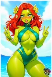 ahegao ahegao_face ai_art ai_generated bikini cameltoe dc dc_comics fortnite fortnite:_battle_royale hair_ornament looking_down mixxiru poison_ivy poison_ivy_(fortnite) red_hair summer underboob