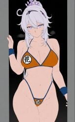1female 1girl 1girls ai_assisted ai_generated bikini bikini_bottom bikini_top blue_eyes crossover crossover_cosplay dragon_ball dragon_ball_super dragon_ball_z hair hair_ornament honkai_(series) honkai_impact_3rd kiana_kaslana kiana_kaslana_(herrscher_of_finality) looking_at_viewer orange_bikini orange_bikini_bottom orange_bikini_top solo solo_female solo_focus son_goku_(cosplay) standing white_hair