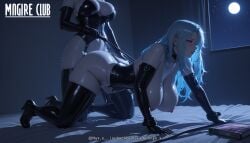 2girls ai_generated all_fours ass bdsm black_corset black_footwear black_gloves blue_eyes blush bondage bondage_outfit boots breasts collar corset dildo doggystyle dominatrix elbow_gloves explicit femdom full_moon gloves hanging_breasts high_heel_boots high_heels indoors large_breasts latex leash long_hair moon multiple_girls night night_sky nipples nyx_x pussy_juice sex sex_from_behind sex_toy sky strap-on thigh_boots thighhighs white_hair window yuri