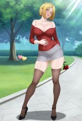 1girls ai_generated alternate_costume ass ass_visible_through_thighs bare_shoulders bench bible_black bible_black_new_testament big_breasts blonde_hair blouse blue_eyes blush bob_cut breasts cleavage cross_earrings curvaceous curvy curvy_body curvy_female curvy_figure day drink earrings enigmata faithful_to_the_anime female female_only flower full_body heels high_heels high_resolution holding_object hourglass_figure hourglass_figured_female huge_breasts inviting jewelry kitami_reika large_breasts lingerie lingerie_panties looking_at_viewer mature mature_female milf no_bra no_bra_under_clothes offering offering_to_viewer official_alternate_costume outdoors paizuri_invitation park parted_bangs pencil_skirt pinup revealing_clothes rose rose_(flower) sagging_breasts seducing shin_bible_black shirt shirt_tucked_in short_hair skirt smile smiling smiling_at_viewer solo stockings strapless suggestive suggestive_gesture suggestive_pose suggestive_posing sunlight thick_thighs thighhighs thighs voluptuous voluptuous_body voluptuous_female wide_hips