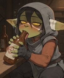 ai_generated blush critical_role drinking drunk dungeons_and_dragons female goblin green_skin looking_at_viewer nott nott_the_brave saliva shortstack sitting solo stable_diffusion sucking suggestive the_mighty_nein tongue tongue_out trueliamay yellow_eyes