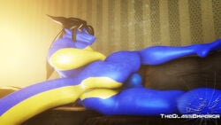 3d_(artwork) absurd_res anthro ass balls digital_media_(artwork) dragon genitals hair hair_over_eye hi_res looking_at_viewer male one_eye_obstructed solo solo_focus source_filmmaker theglassemperor watermark