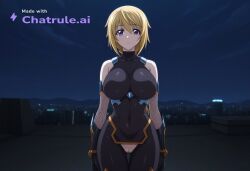 1girl ai_assisted ai_generated anime_coloring anime_screencap armor bare_shoulders black_bodysuit blonde_hair charlotte_dunois city cityscape clouds cowboy_shot crotchless curvy dark_theme detailed_pussy dynamic_lighting elbow_gloves fishnets gloves high_contrast infinite_stratos kagami_hirotaka koukawa_oboro looking_at_viewer low_ponytail neon_lights night night_sky outdoors purple_eyes soft_shading taimanin_asagi_zero taimanin_suit thigh_gap visible_pussy