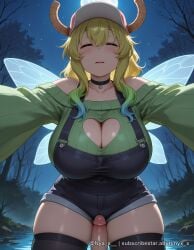1boy 1girl ai_generated bare_shoulders baseball_cap black_choker black_thighhighs blonde_hair blue_hair blush breasts choker cleavage cleavage_cutout closed_eyes clothing_cutout collarbone denim_shorts dragon_girl dragon_horns erection explicit facing_viewer fairy_wings full_moon girl_on_top gradient_hair green_hair green_sweater hat heart_choker heart_cutout hetero horns horns_through_headwear huge_breasts kobayashi-san_chi_no_maidragon large_breasts long_hair lucoa lucoa_(maidragon) moon multicolored_hair night night_sky nyx_x off-shoulder_sweater off_shoulder outdoors overall_shorts overalls parted_lips penis pink_headwear pov shorts skindentation sky solo_focus star_(sky) sweat sweater thigh_sex thighhighs thighs uncensored water wavy_hair wings