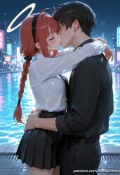 1boy 1girl ahoge ai_generated bangs belt black_hair black_hairband black_skirt blush bra_visible_through_clothes braid braided_ponytail breast_press breasts city closed_eyes collared_shirt ear_piercing earrings hair_bobbles hair_ornament hairband halo hetero hug jewelry kermixx kiss long_hair long_sleeves necktie night outdoors pants piercing pleated_skirt pool red_hair see-through shirt shirt_tucked_in short_hair skirt sky stud_earrings ukinami_yuzuha water wet wet_clothes white_shirt zenless_zone_zero