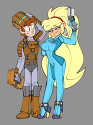 1boy 1girls aged_up armor bangs big_breasts big_hair bigdad blonde_hair blue_eyes blunt_bangs boots brown_eyes brown_hair clothing cosplay dead_space dipper_pines disney disney_channel edit eyeshadow fanon_couple female firearm footwear gravity_falls gun hairband handgun handwear helmet high_heels isaac_clarke_(cosplay) light-skinned_male long_hair male metroid nintendo pacifica_northwest pale_skin plasma_cutter rig_armor samus_aran_(cosplay) slim_waist smile smiling_at_each_other smiling_at_partner smooth_skin straight tan-skinned_female weapon zero_suit