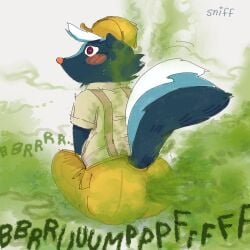 1boy 2d animal_crossing anthro anthro_male anthro_only artist_request ass big_ass blush blushing clothing embarrassed fart fart_fetish farting fully_clothed furry furry_male furry_only green_fart_cloud hat headwear kicks_(animal_crossing) male male_fart male_only mammal mephitid nintendo no_genitals no_sex non-human nonhuman onomatopoeia overalls simple_background simple_drawing sitting skunk skunk_tail solo solo_male sweat sweatdrop tight_pants twitter_link