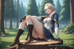 1girl ai_assisted ai_generated beautiful blonde_hair blue_eyes blurry_background boots braid day dress forest_background full_body general glove grayscale grin high_contrast highres indoors jaina_proudmoore looking_at_viewer multicolored_hair no_nose perfect_anatomy pussy sharp_teeth side_view sitting_on_chair slit_pupils smug socks solo upskirt_view white_hair world_of_warcraft