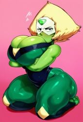 ai_generated annoyed breasts_bigger_than_head green_skin huge_breasts peridot_(steven_universe) soles solo solo_female thighs toned_thighs