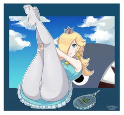 1girls blonde_hair blue_eyes breasts cameltoe crown dress female female_only fully_clothed leg_grab legs_up long_hair mario_(series) mario_tennis nintendo pantyhose princess_rosalina sarukaiwolf smile solo tagme