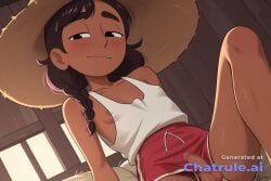 1girl ai_assisted ai_generated anime_coloring black_eyes black_hair braided_pigtails chode connie_maheswaran cute_face dark_skin dark_skinned_female detailed_penis dynamic_angle excessive_foreskin facing_viewer flaccid_penis freckles futa futanari inverted_nipples light_brown_eyes limp_penis long_hair naked nude phimosis seductive_pose small_penis solo solo_futa steven_universe straw_hat
