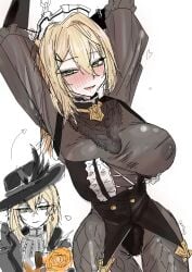 1girls arms_up artist_request before_and_after big_breasts blonde_hair blush bodystocking breasts breasts_out clothing covered_nipples drooling feet_out_of_frame female female_only girls'_frontline girls'_frontline_2:_exilium green_eyes hat heart large_breasts long_hair looking_at_viewer maid maid_headdress maid_uniform nipples one_breast_out sextans_(girls'_frontline_2)