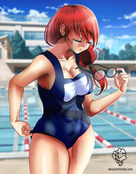 abs breasts crovoic female female_focus female_only glasses one-piece_swimsuit red_hair saiko-chan saiko_no_sutoka school_swimsuit swimsuit watermark