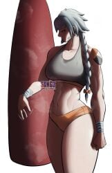 artist_logo athletic athletic_female braid braided_hair braided_ponytail fit fit_female looking_at_viewer orange_eyes original original_character ponytail punching_bag sangsangatsange silver_hair simple_background sports_bra sports_shorts sweat sweating sweaty tagme taped_wrists tomboy twitter_link twitter_username white_hair
