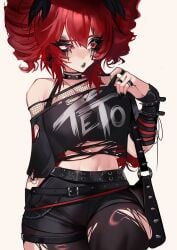 1girls 2d 2d_(artwork) 2d_animation bag black_clothing drill_hair exposed_midriff exposed_shoulders exposed_torso fishnet fishnet_clothing fishnet_topwear fishnets goth goth_clothing goth_fashion goth_girl gothic gothic_girl gothic_makeup kasane_teto red_eyes red_hair runny_makeup runny_mascara short_jeans shorts slim slim_waist solo solo_female solo_focus spiked_bracelet spiked_collar spikes suliavtuber teto vocaloid