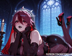 1girls ai_generated black_lipstick bodysuit church fishnets goth looking_at_viewer lying makeup naughty_face noctorella on_stomach pantyhose red_eyes red_hair revealing_clothes rosaria_(genshin_impact) sexy solo solo_focus stiletto_heels