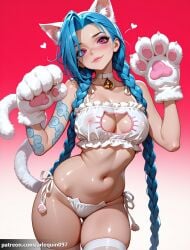 1girl ai_generated alternate_costume animal_ear_fluff animal_ears animal_hands arcane arlequin097 arm_tattoo artist_name bare_shoulders bell blue_hair blush bra braid breasts cat_cutout cat_ear_panties cat_ears cat_girl cat_lingerie cat_paws cat_tail choker cleavage cleavage_cutout closed_mouth clothing_cutout collarbone covered_nipples cowboy_shot fake_animal_ears frilled_bra frills gloves gradient_background heart jingle_bell jinx_(league_of_legends) large_breasts league_of_legends lips long_hair looking_at_viewer meme_attire navel neck_bell nipples panties paw_gloves pink_eyes see-through shiny_skin shoulder_tattoo side-tie_panties simple_background skindentation smile solo stomach tail tattoo thigh_gap thighhighs thighs twin_braids underwear very_long_hair white_bra white_choker white_panties white_thighhighs