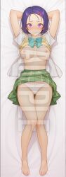 1girls ai_generated arms_up blue_hair blush breasts dakimakura embarrassed female full_body hi_res high_resolution highres lying lying_on_back nipples panties patreon purple_eyes sairenji_haruna school_uniform sleeplessnighty solo solo_focus tagme to_love-ru watermark