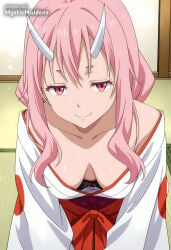 1girl ai_generated anime anime_style bra breasts cleavage closed_mouth collarbone downblouse fanbox_username hakama hakama_skirt hentai hi_res horns indoors japanese_clothes kimono long_hair long_sleeves looking_at_viewer medium_breasts miko mystic_maidens off_shoulder oni patreon patreon_username pink_eyes pink_hair red_eyes red_hakama shuna_(tensei_shitara_slime_datta_ken) skirt smile solo tatami tensei_shitara_slime_datta_ken white_kimono