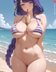 1girl 1girls 2026 ai_generated arms_behind_back bare_shoulders big_breasts bikini bikini_top_only blue_sky blush boba_tea boba_tea_challenge boobs bottomless braid breasts breasts_together bubble_tea bubble_tea_challenge cleavage closed_mouth collarbone cowboy_shot day drinking_straw edosynf expressionless female female_only genshin_impact hair_ornament highres huge_breasts large_breasts legs_together long_hair looking_at_viewer micro_bikini navel o-ring o-ring_bikini o-ring_top ocean outdoor_nudity outdoors purple_bikini purple_eyes purple_hair pussy raiden_shogun sea self_upload shiny shiny_hair shiny_skin sideboob skindentation sky solo solo_focus stalk_in_mouth standing stomach straw_in_mouth striped_bikini sunlight thick_thighs thighs tits uncensored uncensored_pussy uncensored_vagina vagina water wet wet_breasts white_bikini wind