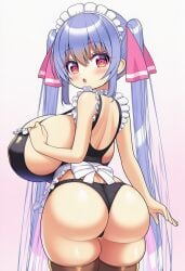 ai_generated back_view big_breasts blue_hair bubble_butt hair_ornament hair_ribbon huge_breasts long_hair looking_back maid maid_headdress maid_outfit maid_uniform narrow_shoulders novelai pink_eyes riko_(shuz) round_ass shortstack shuz_(dodidu) sideboob skimpy_clothes skindentation slim_waist solo thick_thighs thighhighs tight_clothing twintails wide_hips