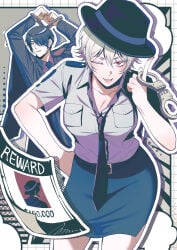 1boy 1girls ababybamboo canon_genderswap cleavage fedora female female_focus fully_clothed genderswap_(mtf) ginko_sakata gintama gintoki_sakata handcuffs looking_at_viewer male medium_breasts pale-skinned_male pale_skin pencil_skirt police_uniform policewoman red_eyes rule_63 smile solo_focus takasugi_shinsuke white_hair wink