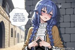 1girl against_wall ai_assisted ai_generated averting_eyes blue_eyes blush embarrassed fatest_squirrel fidgeting half-closed_eyes head_tilt long_hair mushoku_tensei open_mouth roxy_migurdia small_breasts twin_braids
