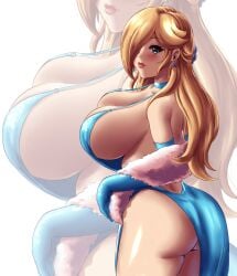 1girls ass big_breasts blonde_hair blue_dress blue_eyes breasts clothing coat detached_sleeves dress ear_piercing earrings female female_only fur_coat hair hair_over_one_eye hips huge_breasts leonart lips long_hair mario_(series) nintendo princess_rosalina revealing_clothes skimpy skimpy_clothes skimpy_dress solo solo_female star_earrings thighs white_background