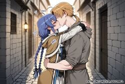1boy 1girl ai_assisted ai_generated closed_eyes faceless_male fatest_squirrel height_difference hug long_hair low_side_ponytail mushoku_tensei roxy_migurdia rudeus_greyrat small_breasts tall_male twin_braids