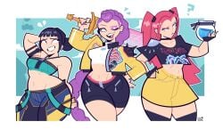 black_hair braid braided_hair choker earrings freckles goodbyellow hand_behind_head hand_on_hip holding holding_object jacket kpop_demon_hunters long_hair looking_at_another makeup midriff mira_(kpop_demon_hunters) navel pants pink_hair purple_hair rumi_(kpop_demon_hunters) safe short_hair shorts skirt slim_waist smile stockings tagme thick_thighs tied_hair topwear voluptuous wide_hips zoey_(kpop_demon_hunters)